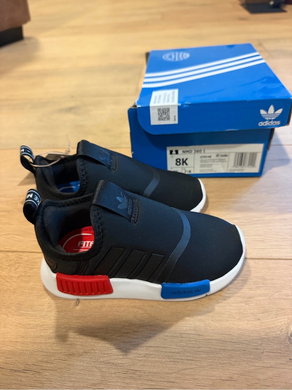 adidas Kids Black Slip-On NMD Style Sneakers with Red & Blue Accents